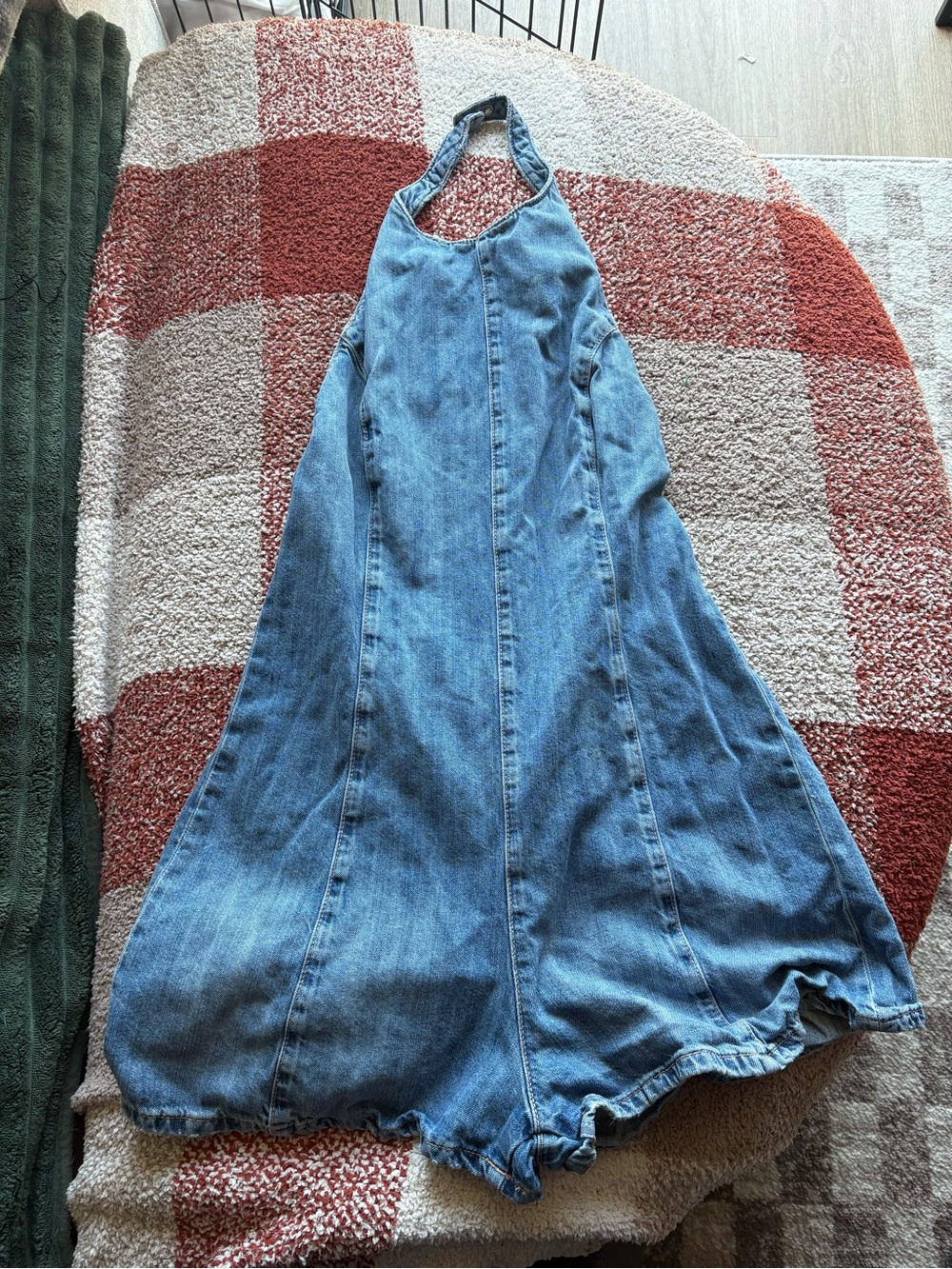 Zara Light Blue Denim Halter Romper Jumpsuit